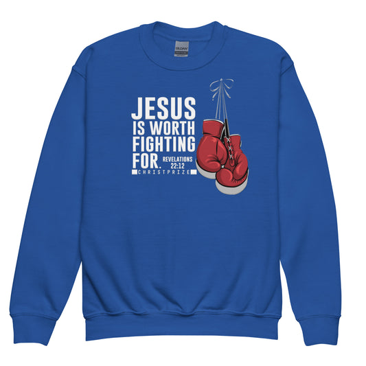 Jesus Is Worth Fighting For Revelations 22:12 Youth Crewneck Sweatshirt